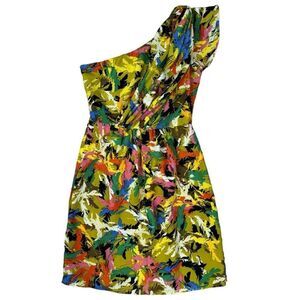 MM Couture One Shoulder Cocktail Dress S Colorful Party Asymmetrical Feather